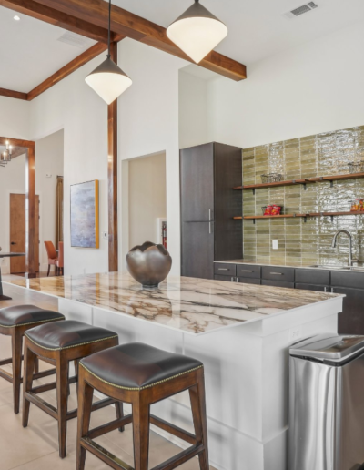 Kitchen Island With Countertop, Bar Stools & Pendant Lighting